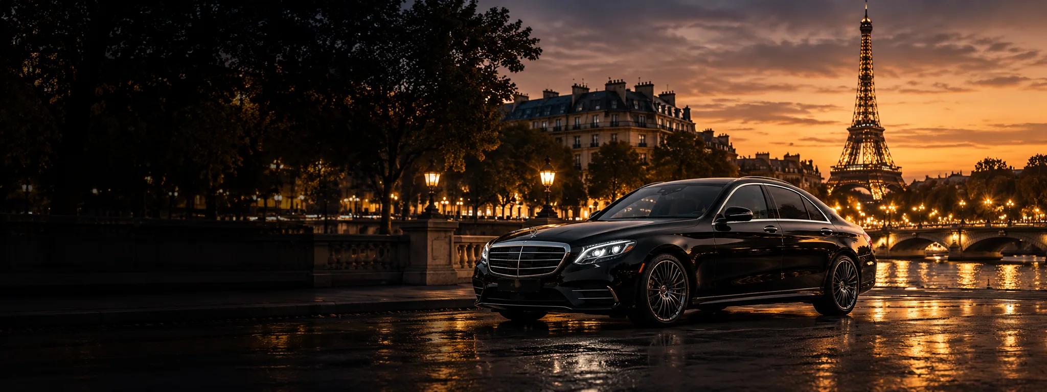 Mercedes Classe S noire sur les quais de Seine face à la tour Eiffel au coucher du soleil